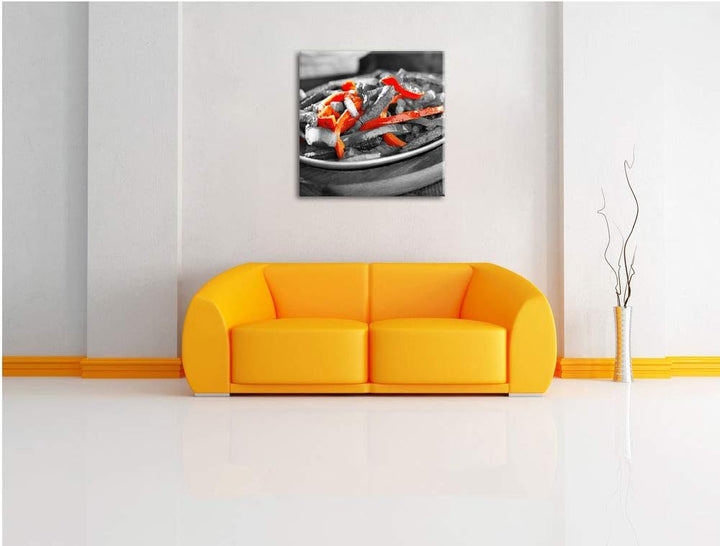 Gegarte Fleischpfanne mit Paprika als Leinwandbild Quadratisch| Grösse: 70x70 | Wandbild| Kunstdruck