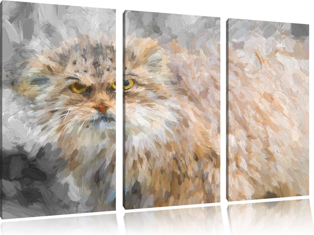 gereizte kleine Manul schwarz/weiss Deluxe 3-Teiler Leinwandbild 120x80 Bild auf Leinwand, XXL riesi