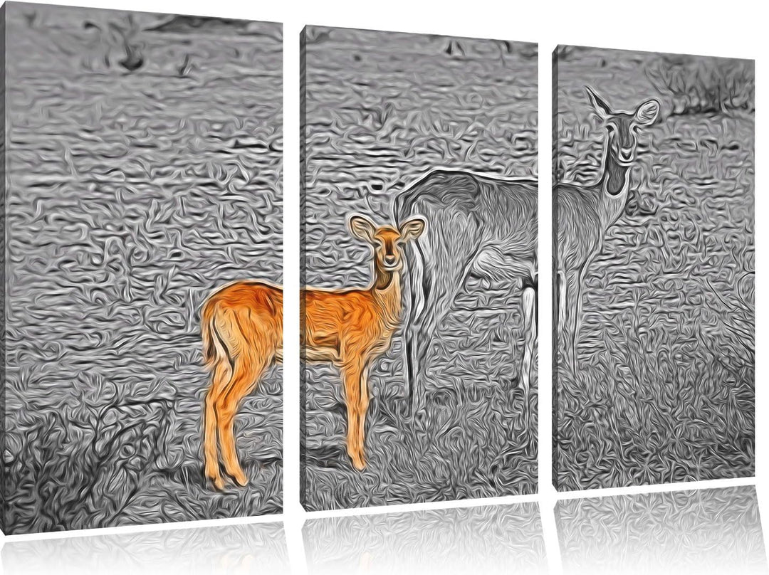 prächtige Indische Gazelle mit süssem Jungtier schwarz/weiss Spezial 3-Teiler Leinwandbild 120x80 Bi