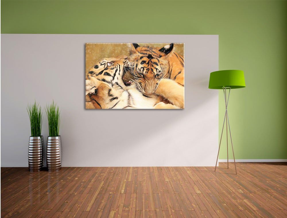 Pixxprint Zwei Junge Tiger beim Kämpfen als Leinwandbild | Grösse: 100x70 | Wandbild| Kunstdruck | f