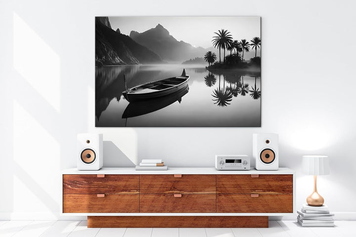 deyoli Palme mit Boot am Strand Format: 80x60 cm Effekt: Schwarz/Weiss als Leinwandbild, Motiv ferti