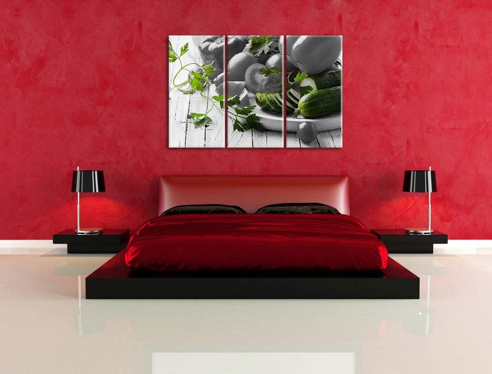 Gemüseteller mit Paprika, Tomate und Zucchini schwarz/weiss 3-Teiler Leinwandbild 120x80 Bild auf Le