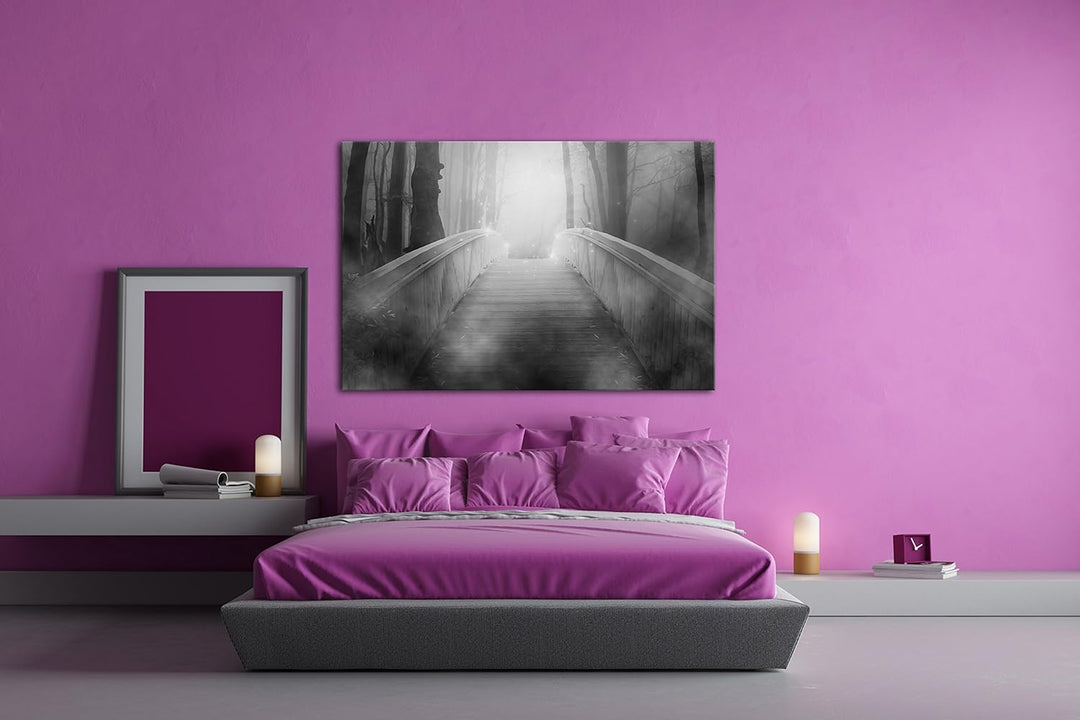 deyoli vernebelte Brücke ins Licht Effekt: Schwarz/Weiss Format: 80x60 als Leinwand, Motiv fertig ge