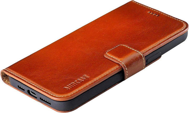 Suncase Book-Style Hülle kompatibel mit iPhone 12 (6.1") Leder Tasche (Slim-Fit) Lederhülle Handytas
