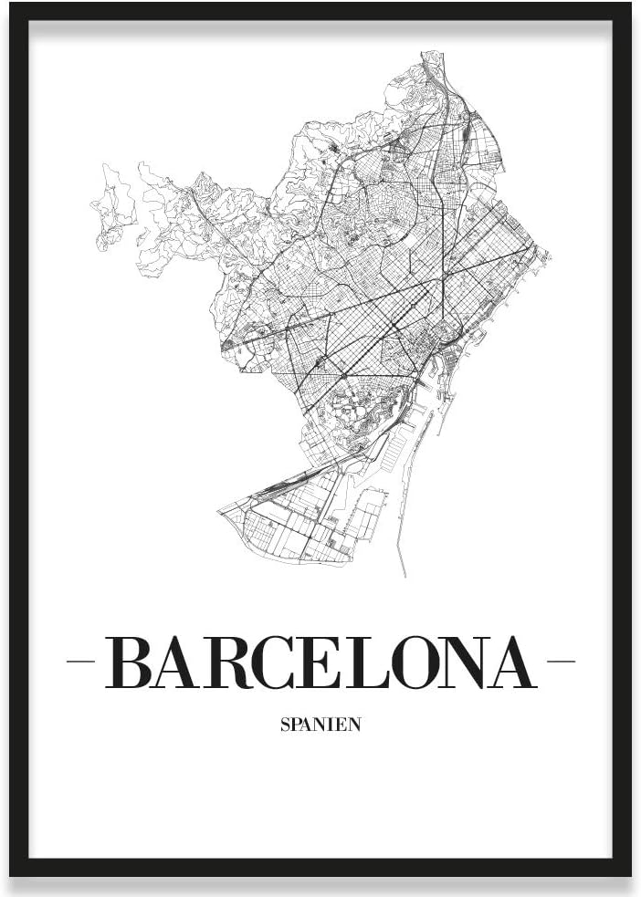 JUNIWORDS Stadtposter, Barcelona, Wähle eine Grösse, 40 x 60 cm, Poster mit Rahmen, Schrift A, Weiss