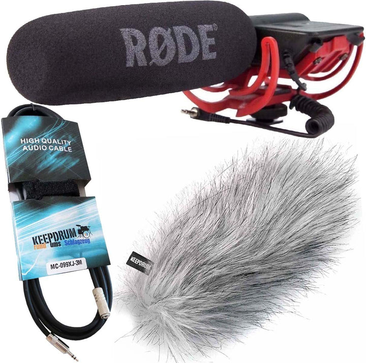 Rode Videomic Rycote Richtmikrofon Kameramikrofon + keepdrum WS-WH Fell-Windschutz + keepdrum Verlän