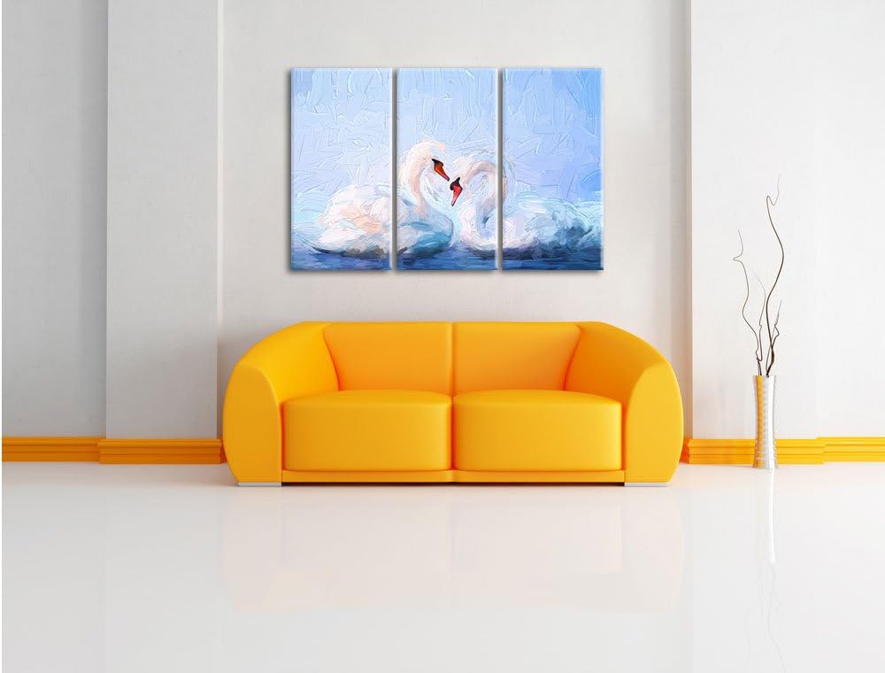 Pixxprint Zwei Schwäne auf dem Wasser Kunst als Leinwandbild/Grösse: 3 Teilig (120x80) cm/Wandbild/K