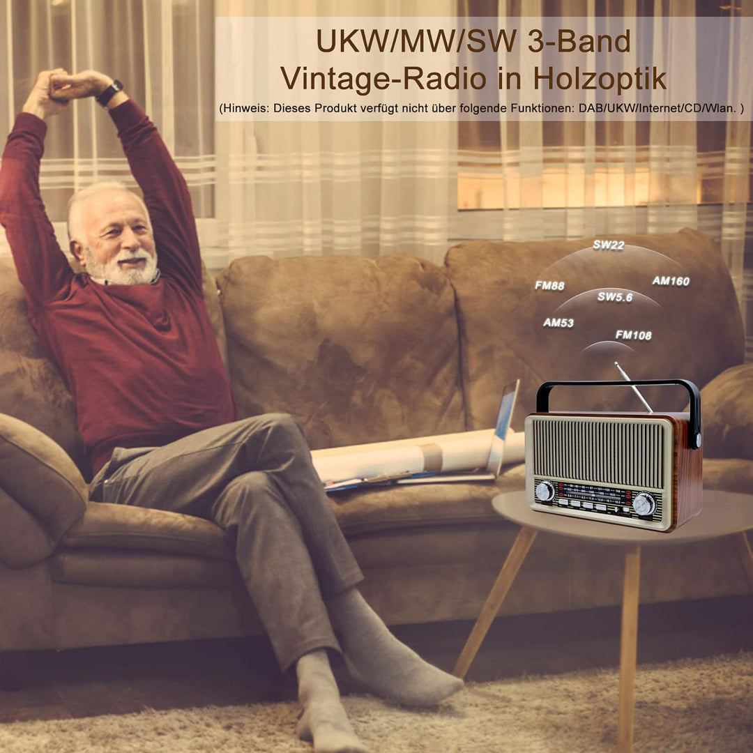 Retro Radio Bluetooth 5.0, Sentasi Nostalgie Radio mit 1200mAh Wiederaufladbare Batterie, AM SW FM V
