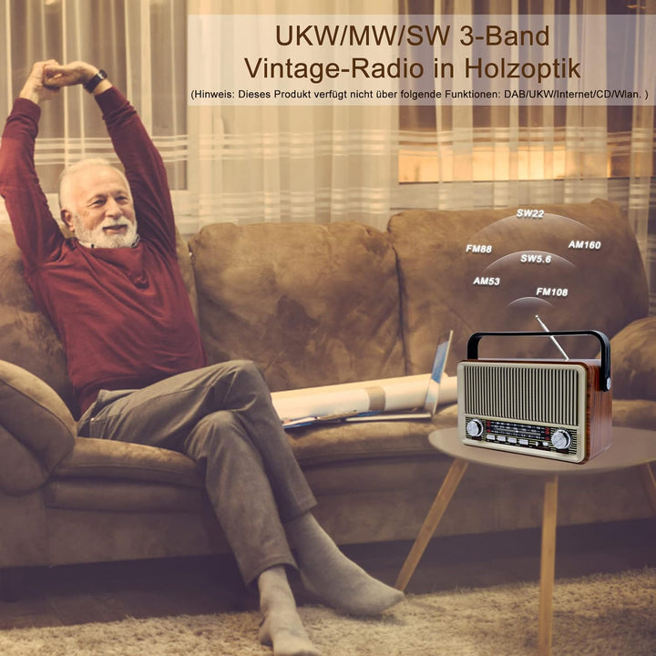 Retro Radio Bluetooth 5.0, Sentasi Nostalgie Radio mit 1200mAh Wiederaufladbare Batterie, AM SW FM V