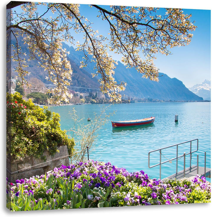 Genfer See im Sonnenschein, Format: 70x70 auf Leinwand, XXL riesige Bilder fertig gerahmt mit Keilra