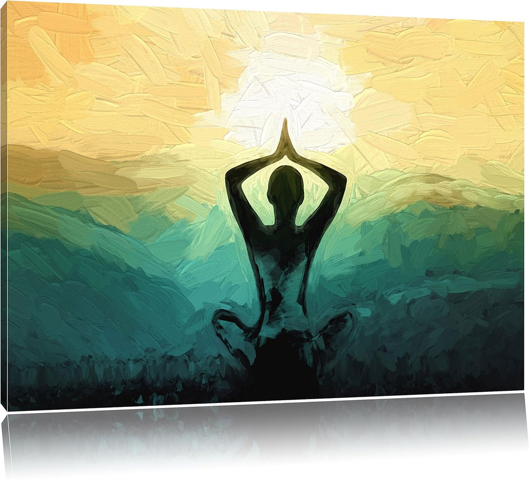 Pixxprint Yoga und Meditation in den Bergen Kunst Pinsel Effekt, Format: 100x70 auf Leinwand, XXL ri