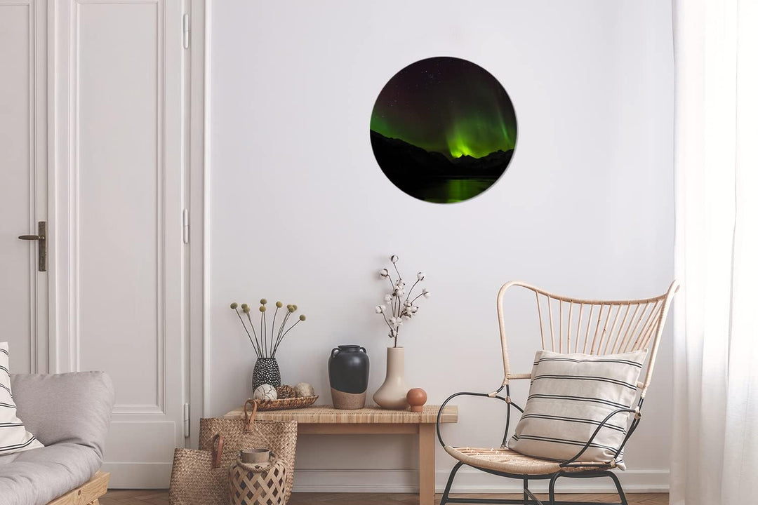 MuchoWow Wandbild Rund Wanddeko Deko Wohnzimmer Bilder 30x30 cm Aurora - Sternenhimmel - Berge, 30x3