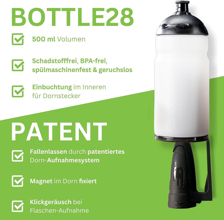 Bottle28 | 500 ml Fahrrad-Trinkflasche mit magnetischem Flaschenhalter & integrierter Werkzeugaufbew