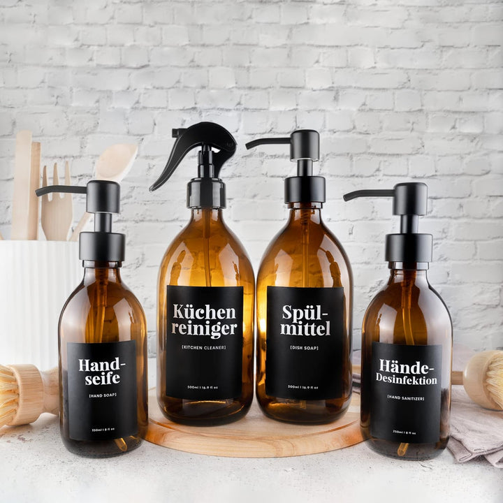 MONOKO 4er Set Seifenspender Braun - Spülmittelspender Küche - Sprühflasche Glas Pumpflasche + Edels