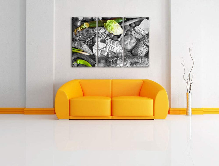 Früstücksplatte mit Gemüse schwarz/weiss 3-Teiler Leinwandbild 120x80 Bild auf Leinwand, XXL riesige
