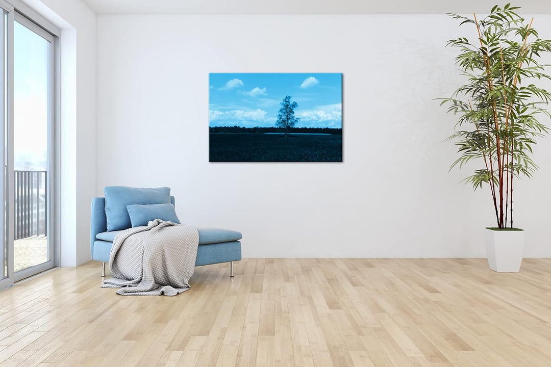 deyoli Wiese am Waldrand Format 80x60 Effekt: Monocrome Blau als Leinwandbild, Motiv fertig gerahmt