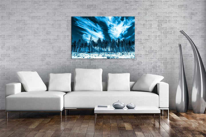 deyoli verschneiter Nadelwald Format: 80x60 Effekt: Monocrome Blau als Leinwand, Motiv fertig gerahm