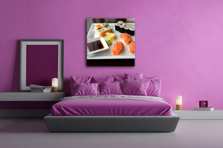 deyoli köstliches Sushi mit Sojasosse im Format: 70x70 als Leinwandbild, Motiv fertig gerahmt auf Ec