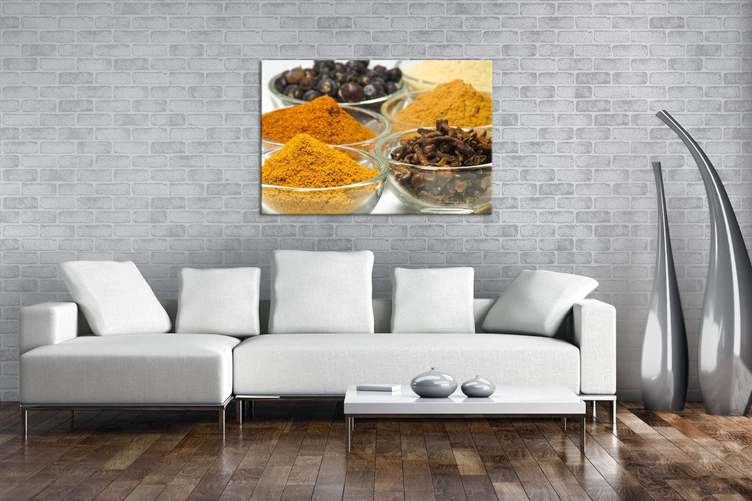 deyoli viele Gläser mit Gewürzen im Format: 80x60 als Leinwandbild, Motiv fertig gerahmt auf Echthol
