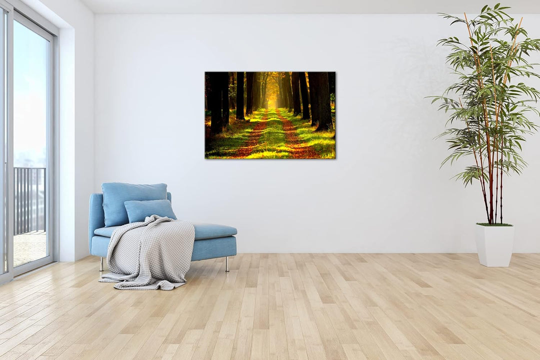 deyoli Waldweg im Herbst Format: 80x60 als Leinwandbild, Motiv fertig gerahmt auf Echtholzrahmen, Ho