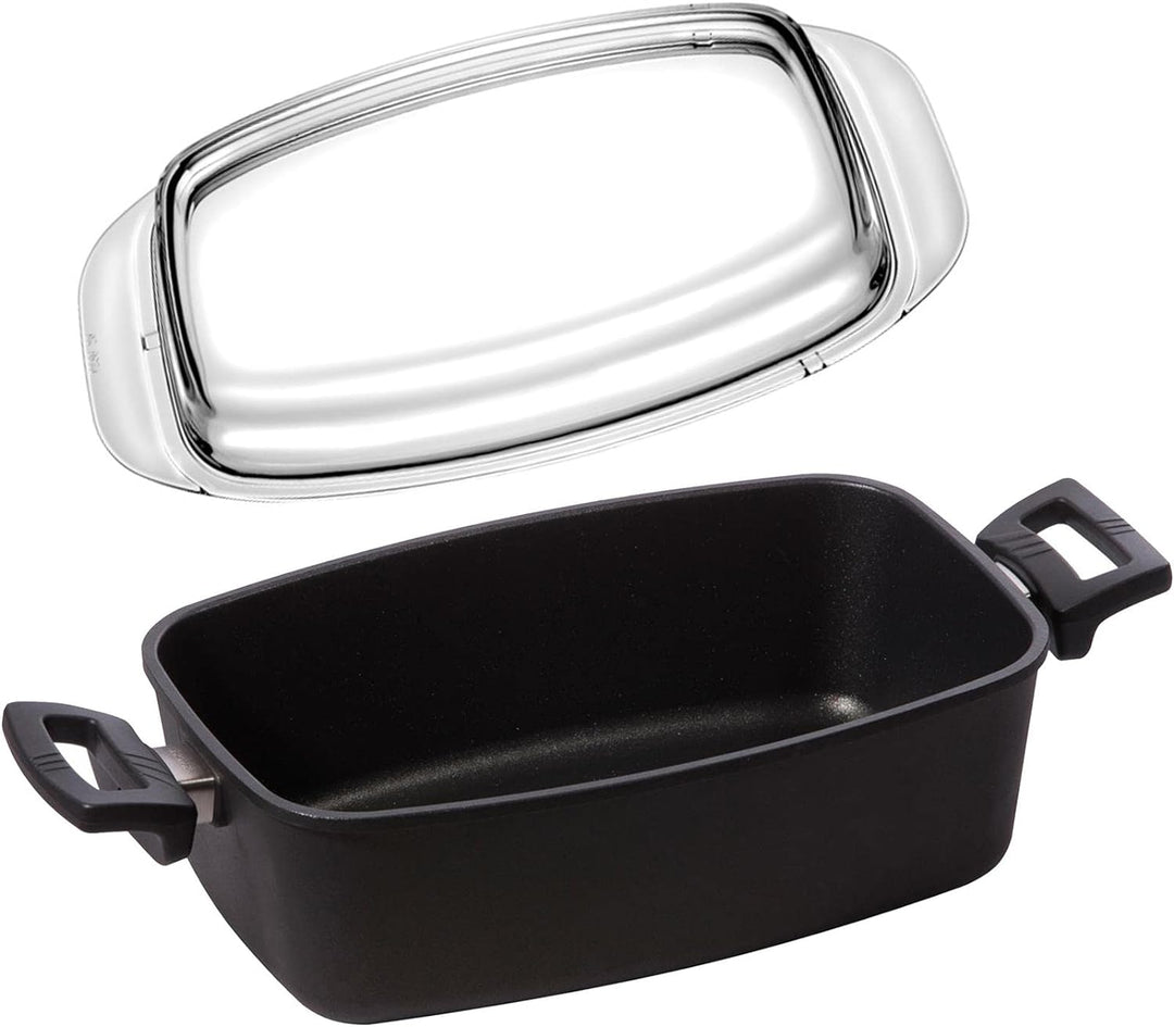 Eurolux Universal-Guss-Bräter Set mit Glas-Deckel 33 x 22 cm - kleiner hoher ofenfester Multibräter