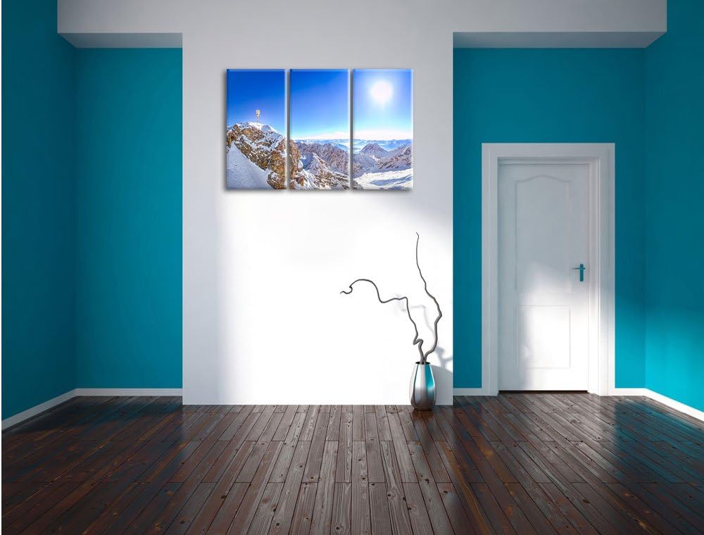 Pixxprint Zugspitze im Sonnenlicht als Leinwandbild | Grösse: 3 Teilig (120x80) | Wandbild| Kunstdru