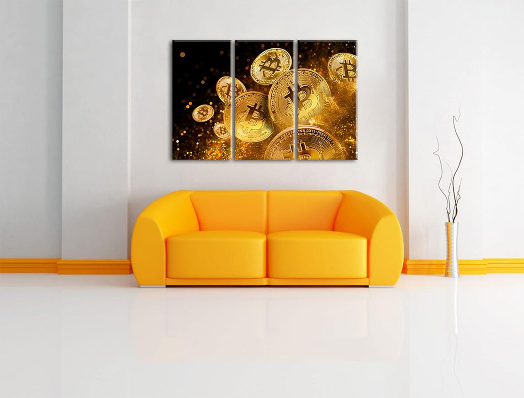 funkelnder Bitcoin BTCals Leinwandbild 3 teilig | Grösse: 120x80 cm | Wandbild | Kunstdruck | fertig