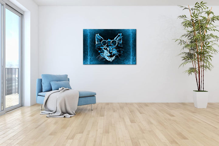 deyoli süsse Katze mit einer Brille Format 80x60 Effekt: Monocrome Blau als Leinwandbild, Motiv fert