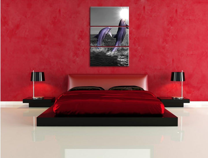 Fröhliche Delfine springen im Meer 3-Teiler Leinwandbild 120x80 Bild auf Leinwand