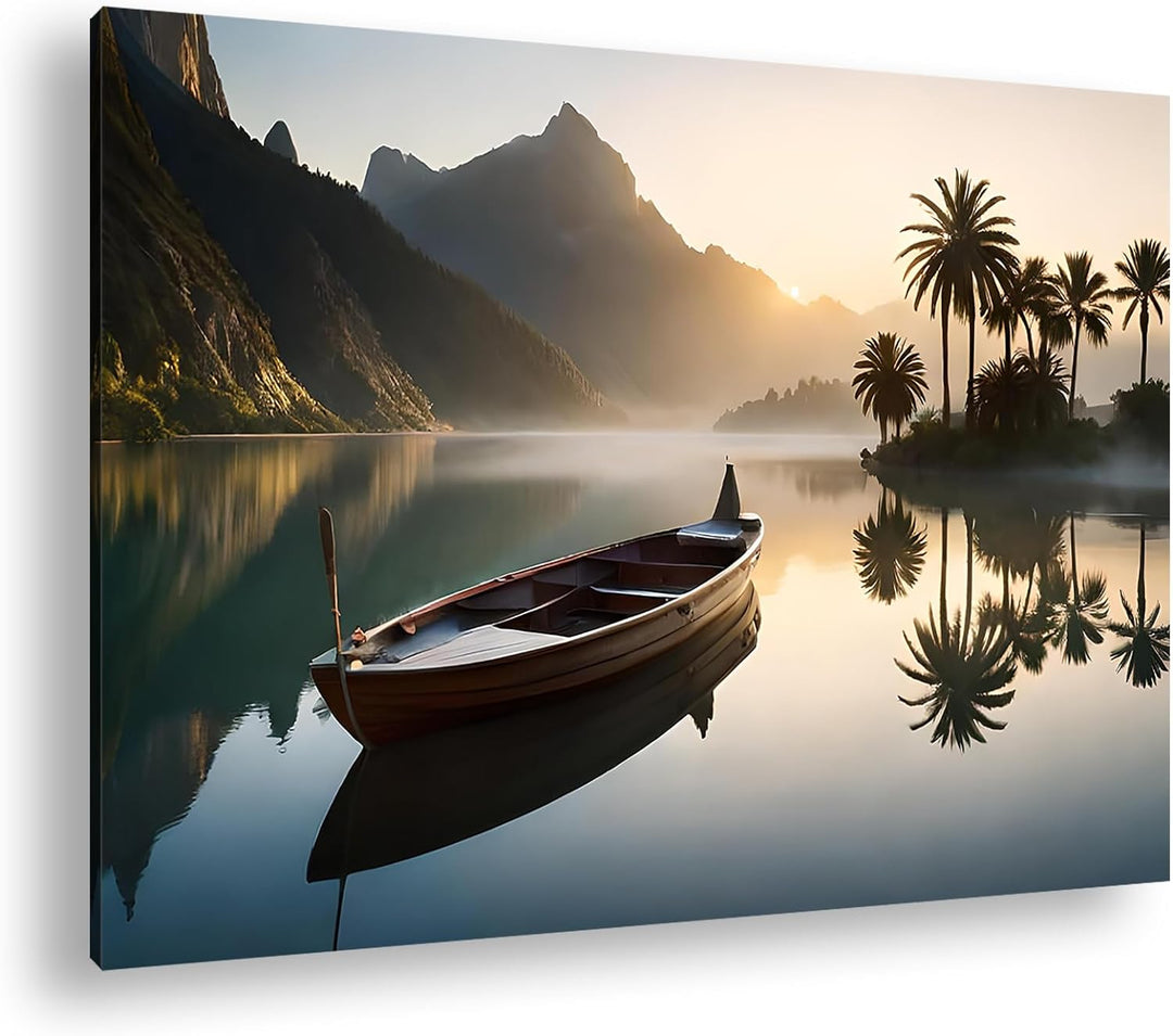 deyoli Palme mit Boot am Strand Format: 80x60 cm als Leinwandbild, Motiv fertig gerahmt auf Echtholz