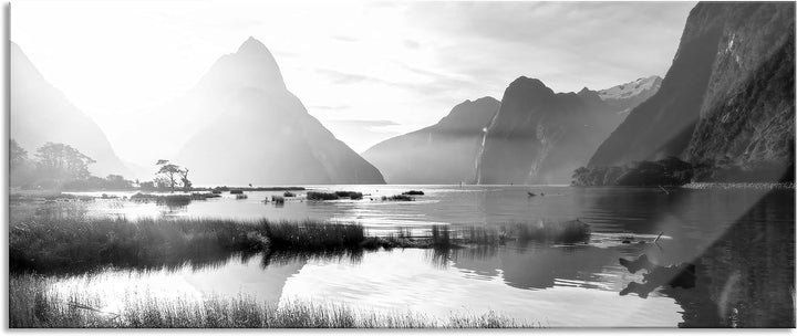 Glasbild Panorama | Wandbild aus Echtglas | Milford Sound Neuseeland | 100x40 cm | inkl. Aufhängung