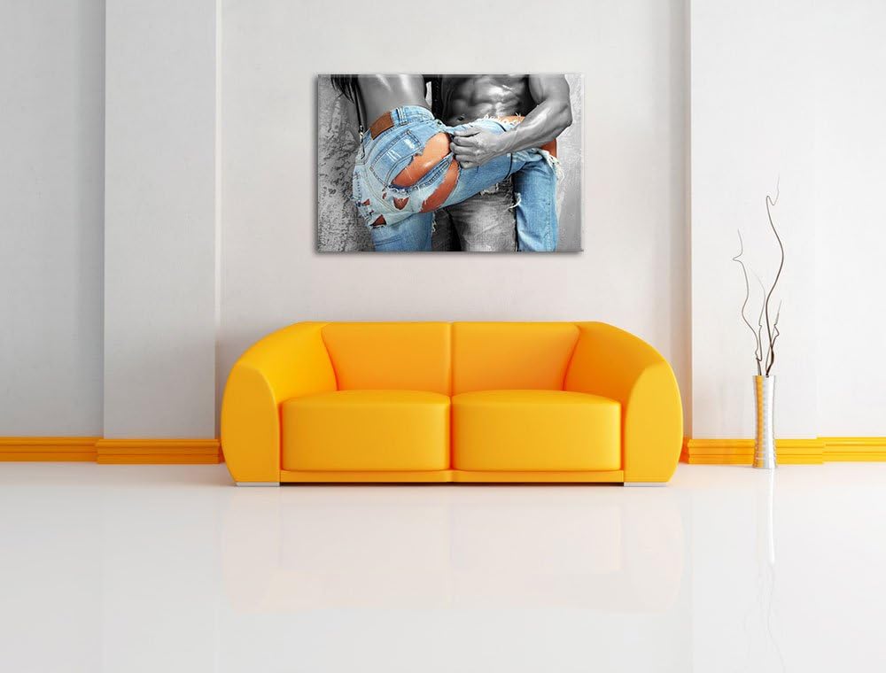 Frau in aufgerissener Jeans schwarz/weiss Format: 100x70 auf Leinwand, XXL riesige Bilder fertig ger