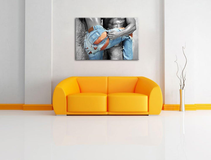 Frau in aufgerissener Jeans schwarz/weiss Format: 100x70 auf Leinwand, XXL riesige Bilder fertig ger