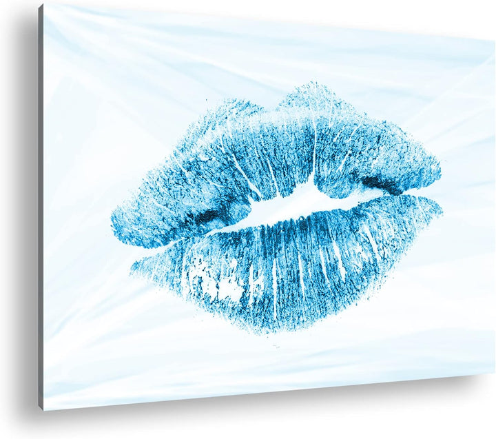deyoli Roter Lippenstift Abdruck Format 80x60 Effekt: Monocrome Blau als Leinwandbild, Motiv fertig