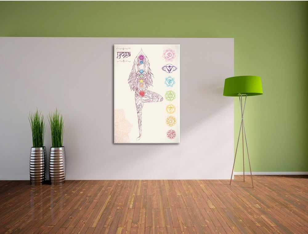 Pixxprint Yogafigur in der Tree Pose Kunst Buntstift Effekt, Format: 100x70 auf Leinwand, riesige Bi