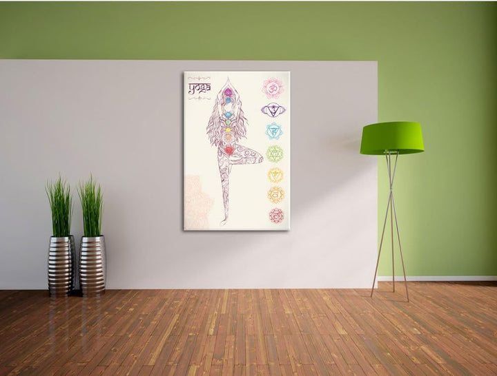 Pixxprint Yogafigur in der Tree Pose Kunst Buntstift Effekt, Format: 100x70 auf Leinwand, riesige Bi