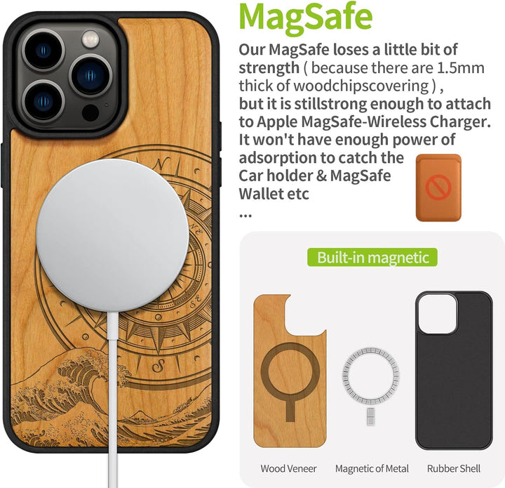 Carveit Handyhülle für iPhone 14 Pro Max Holz Cover kompatibel mit MagSafe Massivholz für Apple 14 p