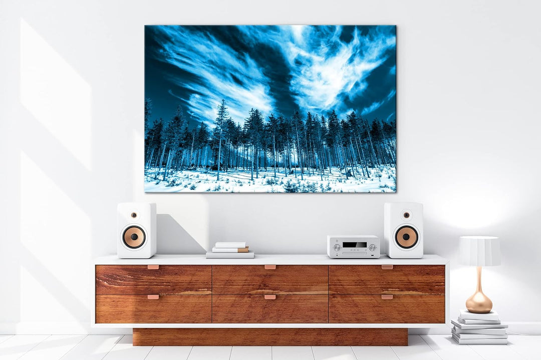 deyoli verschneiter Nadelwald Format: 80x60 Effekt: Monocrome Blau als Leinwand, Motiv fertig gerahm