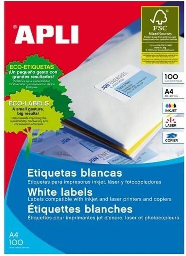 Apli 1273 - Pack 100 weiβe Etiketten für Drucker 70X37 70 x 37 mm 100 Blatt, 70 x 37 mm 100 Blatt