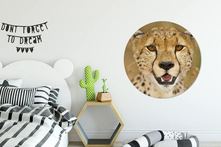 MuchoWow Wandbild Rund Wanddeko Deko Wohnzimmer Bilder 90x90 cm Leopard - Kopf - Pflanzen, 90x90 cm