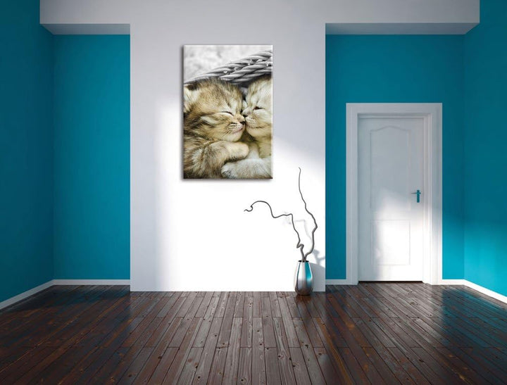 Pixxprint Zwei süsse Babykatzen im Korb als Leinwandbild/Grösse: 100x70 cm/Wandbild/Kunstdruck/ferti