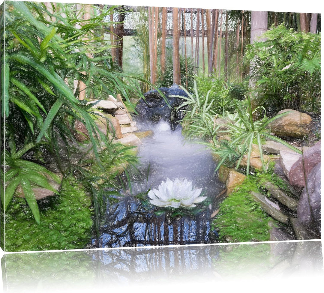 Pixxprint Zen Garten Japan / 100x70cm Leinwandbild bespannt auf Holzrahmen/Wandbild Kunstdruck Dekor