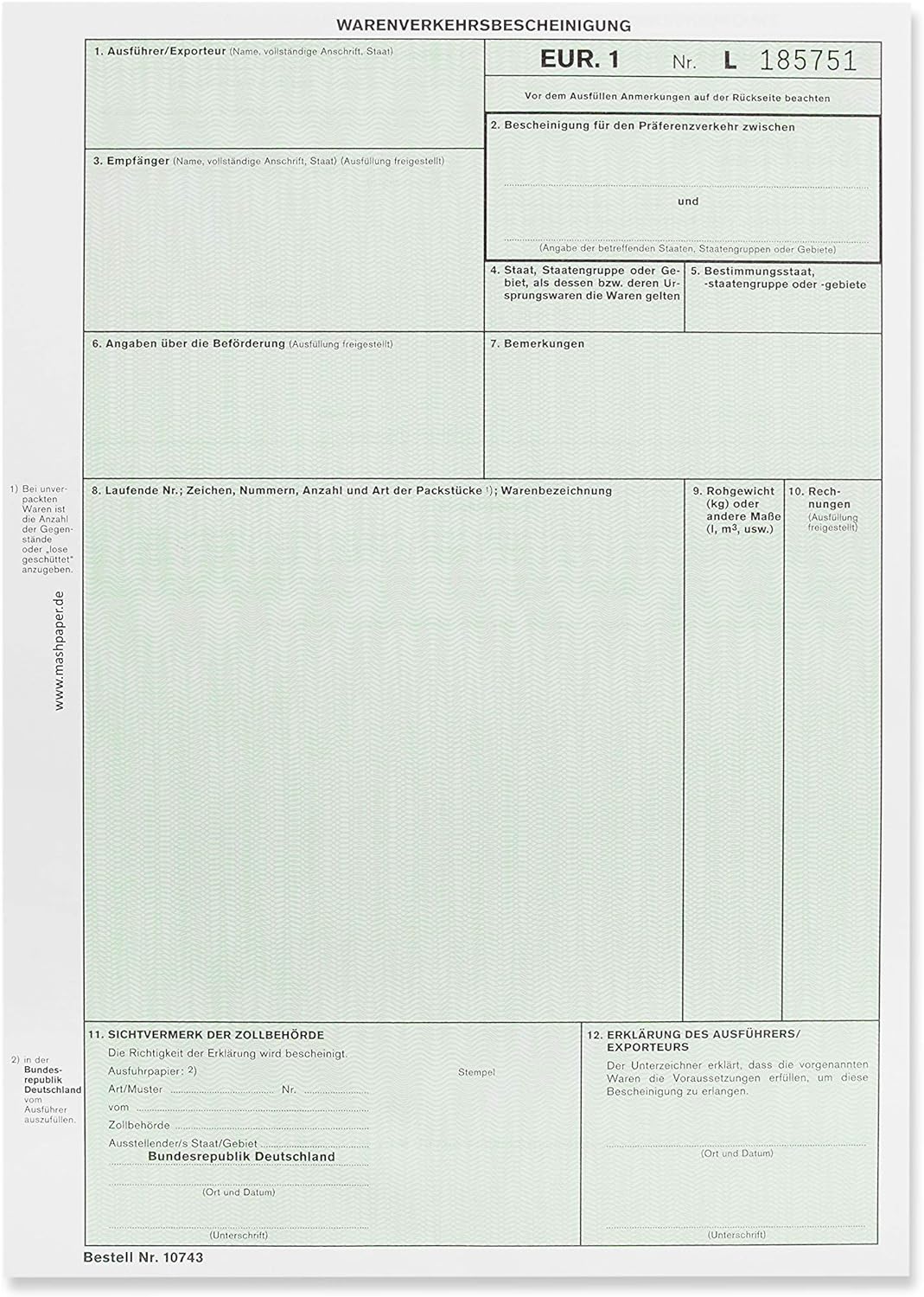 EUR1 EUR.1 Warenverkehrsbescheinigung Formular für Laserdrucker (50 Stck), 50 Stck