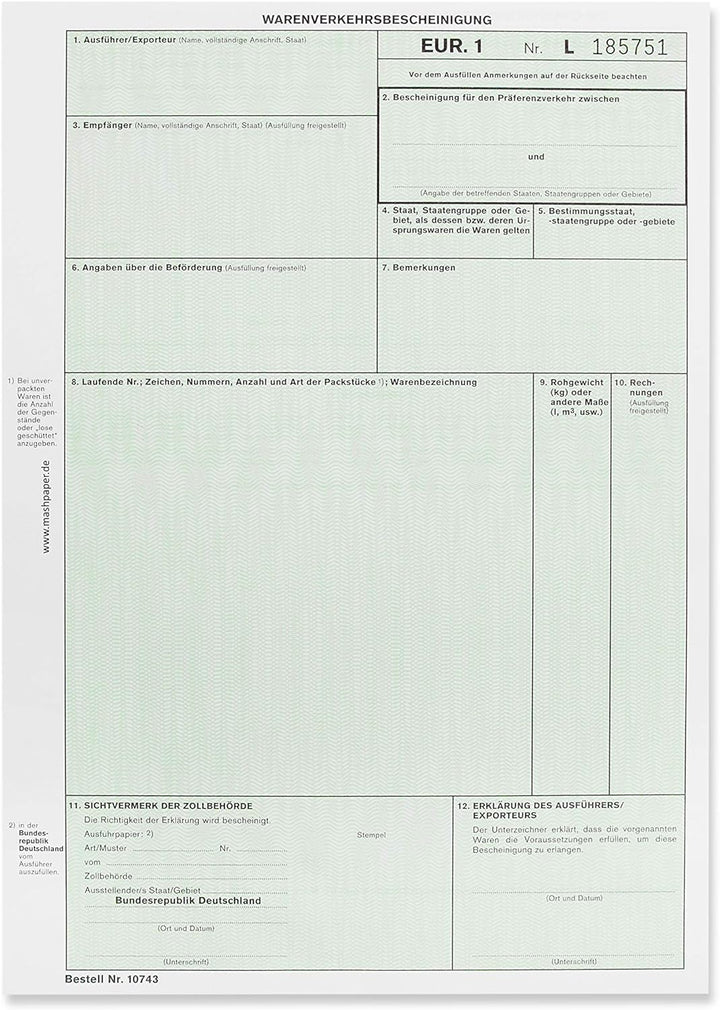 EUR1 EUR.1 Warenverkehrsbescheinigung Formular für Laserdrucker (50 Stck), 50 Stck