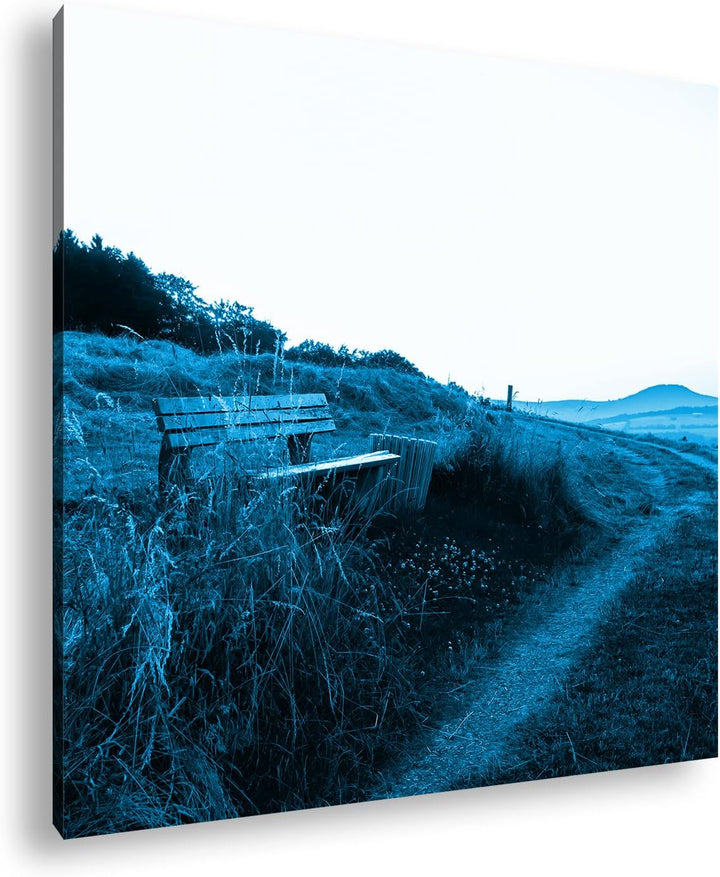 deyoli ruhige Bank am Feldweg Format: 40x40 Effekt: Monocrome Blau als Leinwandbild, Motiv fertig ge