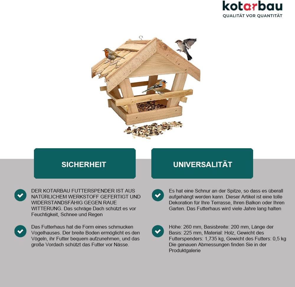 KOTARBAU® Holz-Vogelfutterhaus mit Schindel gedeckt zum Aufhängen + 0,5 kg Futter Gratis