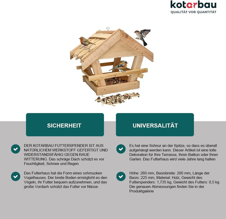 KOTARBAU® Holz-Vogelfutterhaus mit Schindel gedeckt zum Aufhängen + 0,5 kg Futter Gratis