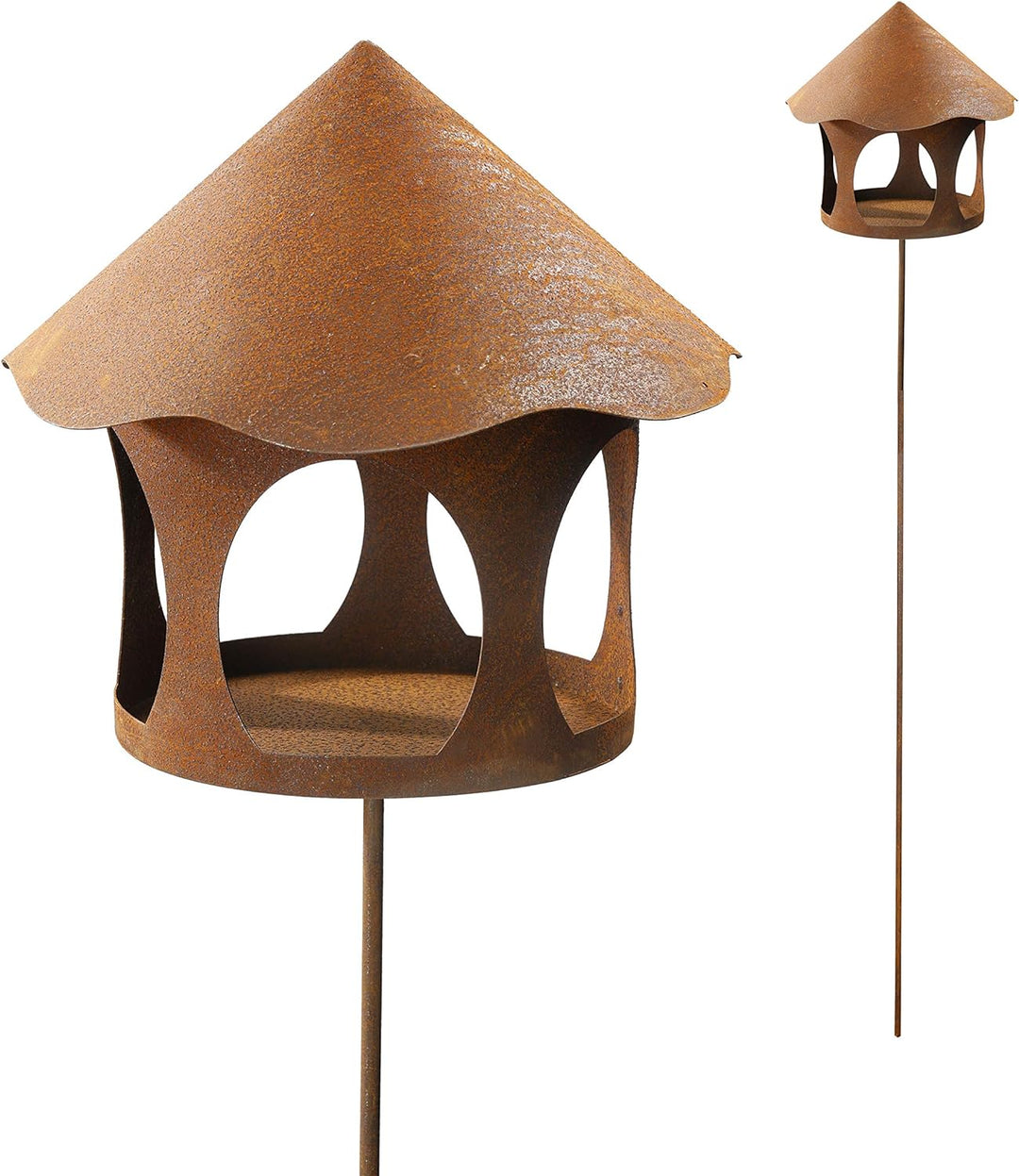 ecosoul Vogelhaus Futterstelle rund zum Stecken mit Stab Metall Rost Deko Kerzenhalter Stecker Stab