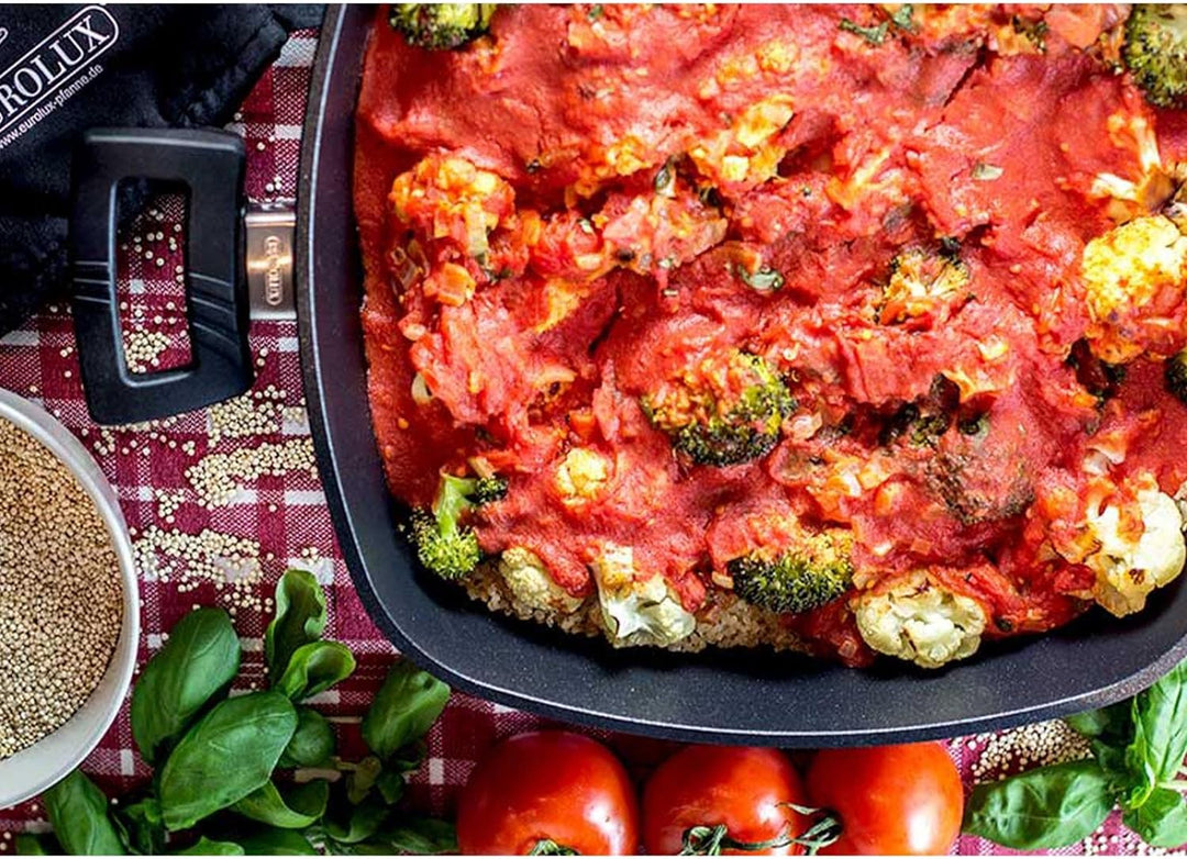 Eurloux Guss-Kasserolle Set & Glas-Deckel 28x28 cm - hohe quadratische Universal Bratenkasserolle 6