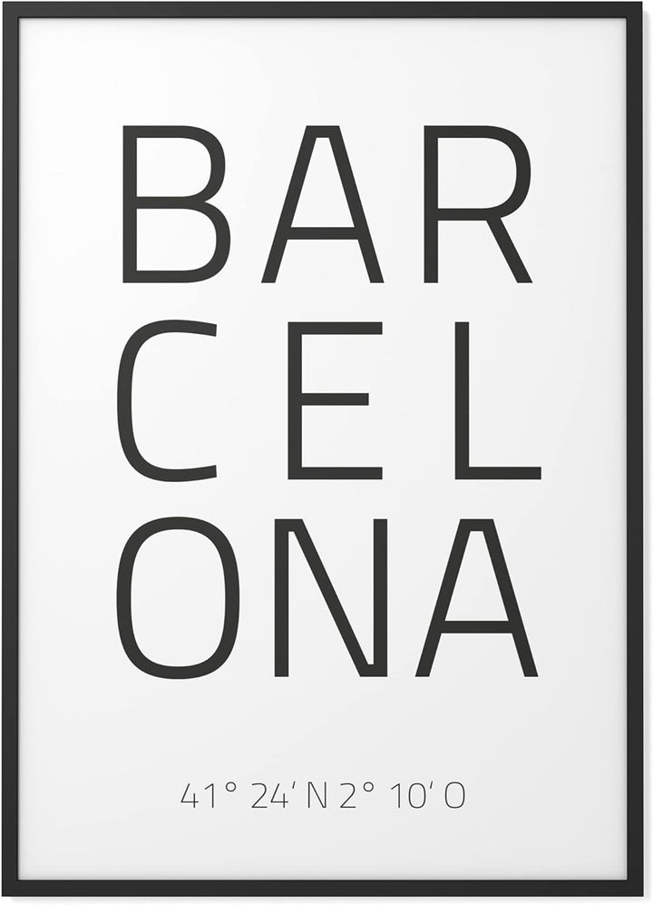 Papierschmiede® Geo Poster Koordinaten Barcelona, A3 Gerahmt im Holzrahmen (schwarz), Stadt Bild als